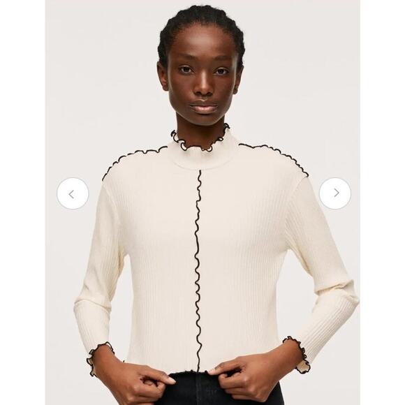 Mango MNG Ribbed Long Sleeve T-Shirt Cream Black Lettuce Edge Trim Mock Neck XS - Picture 2 of 13